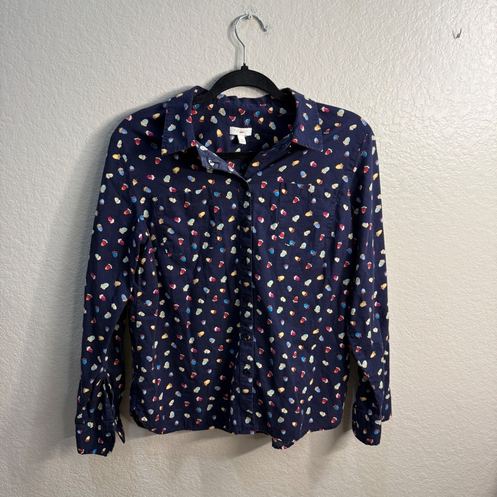 Talbots MP Navy Cottagecore Top Squirrel Acorn Fall Novelty 100% Cotton Buttons